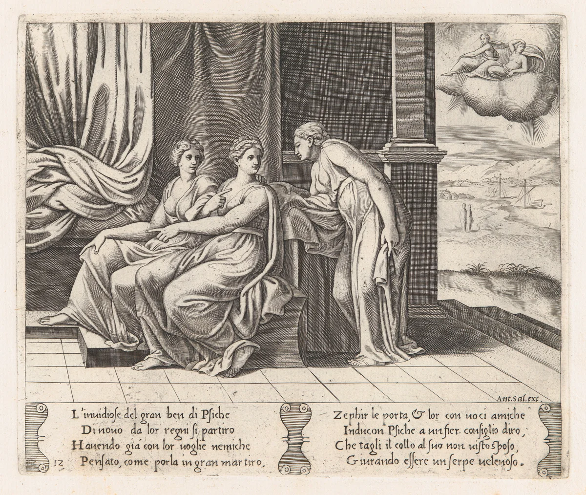 Plate 12: Psyche's sisters persuading Psyche that she has been sleeping with a serpent, from "The Story of Cupid and Psyche as told by Apuleius" by Master of the Die, print, 1530-1560