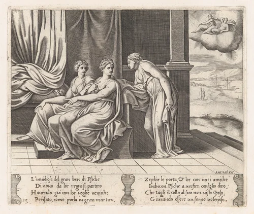 Plate 12: Psyche's sisters persuading Psyche that she has been sleeping with a serpent, from "The Story of Cupid and Psyche as told by Apuleius" by Master of the Die, print, 1530-1560