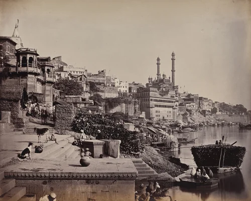 The City of Benares, on the Ganges, View of the Great Mosque of A (?) and Adjoining Landing Places by Samuel Bourne, photograph, 1863-1870