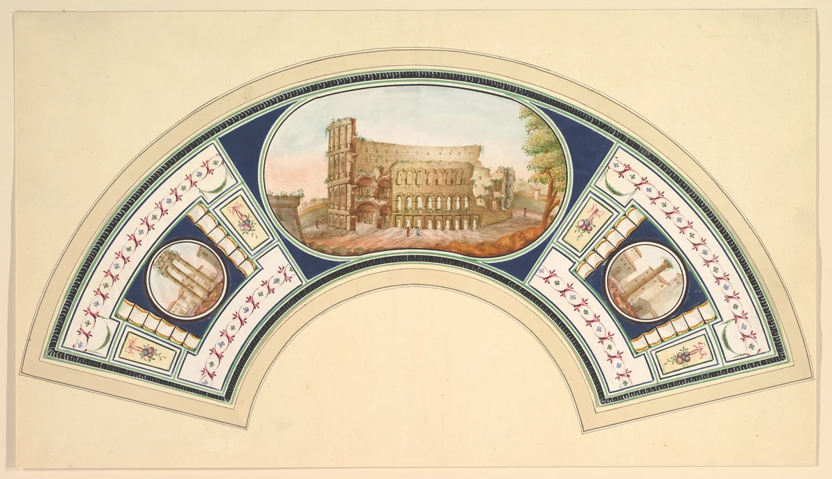 Fan Design with the Colosseum and the Temple of Vesta by anonymous, drawing, 1700-1800