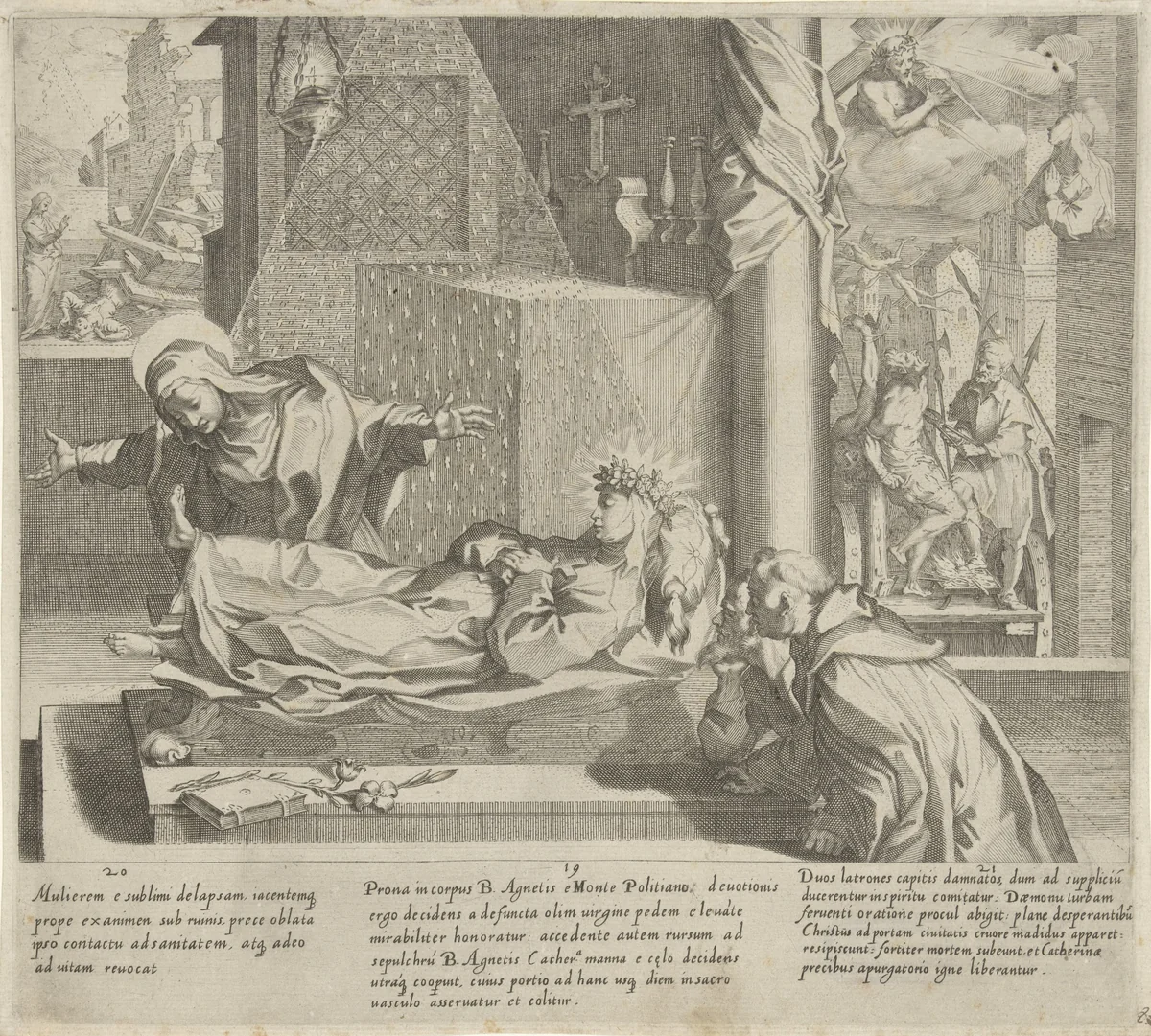 Catharina redt een vrouw / Catharina bij de heilige Agnes / Catharina bidt om vergeving by Pieter de Jode, print, 1597