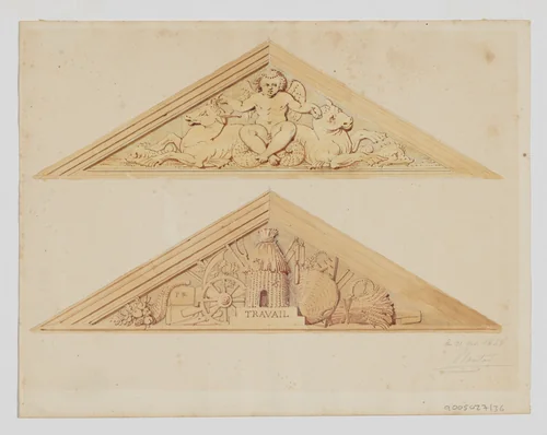 Two Designs for Pediments, one with a Putto and Hybrid creatures, another dedicated to Labor (Travail) by Jean-Baptiste Louis Plantar, drawing, 1840-1880