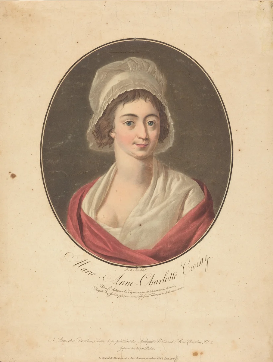 Charlotte Corday by Pierre-Michel Alix; Jean-François Garnerey, print, 1793