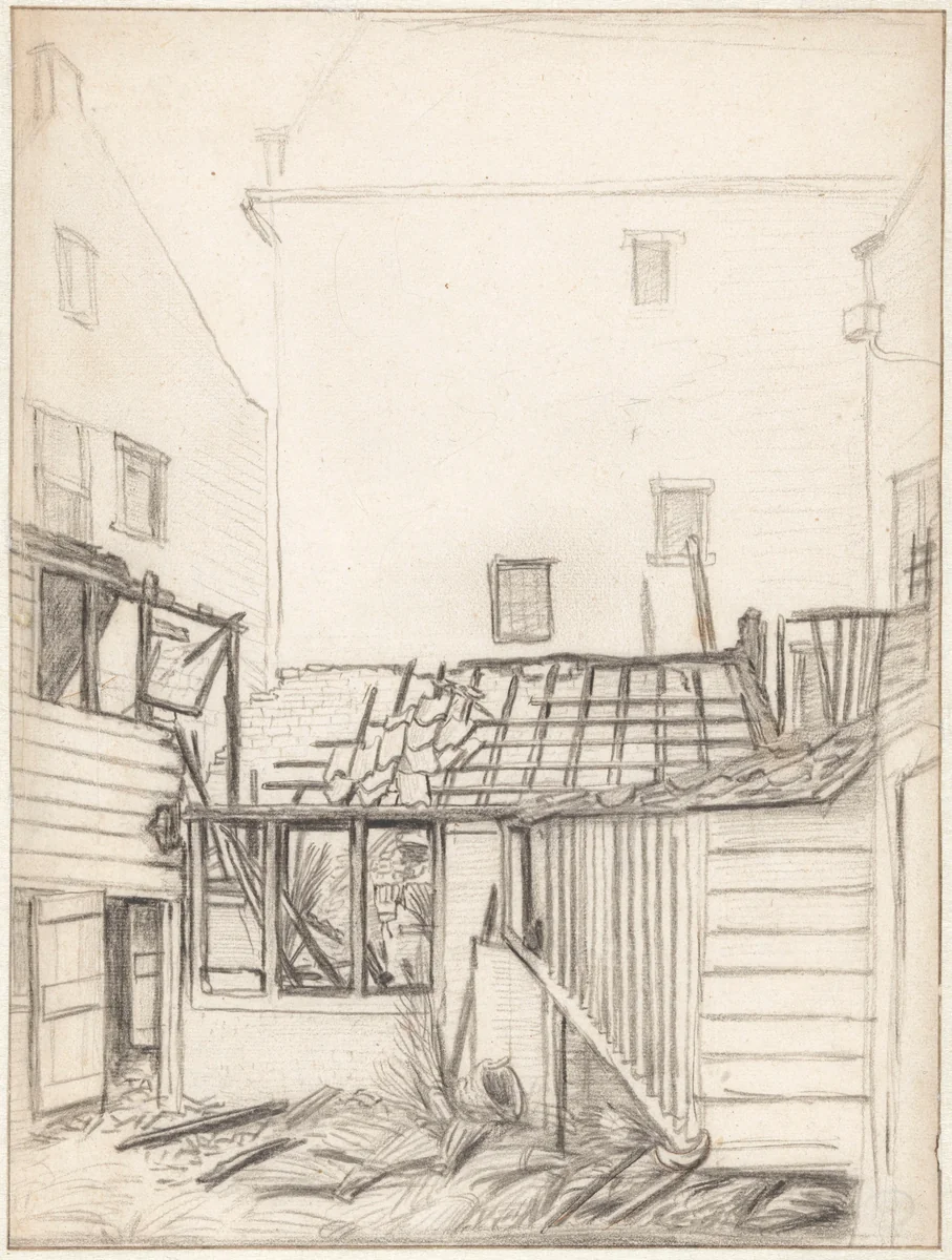 Uitgebrande bakkerij op Vlooienburg by Jan van der Heyden, drawing, 1682