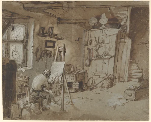 A Painter at Work in his Studio by Thomas Wijck, drawing, 1663-1677