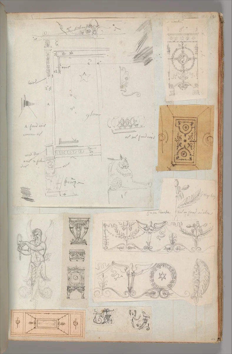 Page from a Scrapbook containing Drawings and Several Prints of Architecture, Interiors, Furniture and Other Objects by Charles Percier, book, 1795-1805