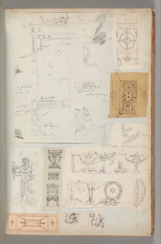 Page from a Scrapbook containing Drawings and Several Prints of Architecture, Interiors, Furniture and Other Objects by Charles Percier, book, 1795-1805