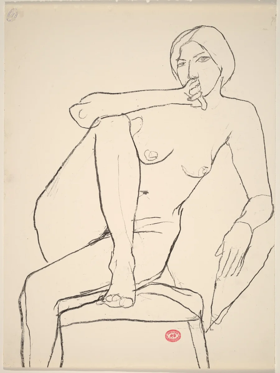 Untitled [seated nude with her right foot on chair seat] by Richard Diebenkorn, drawing, 1955-1967