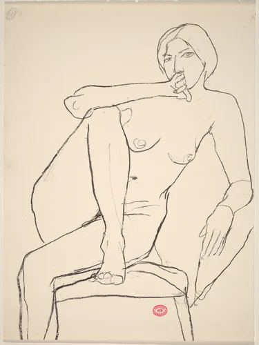 Untitled [seated nude with her right foot on chair seat] by Richard Diebenkorn, drawing, 1955-1967