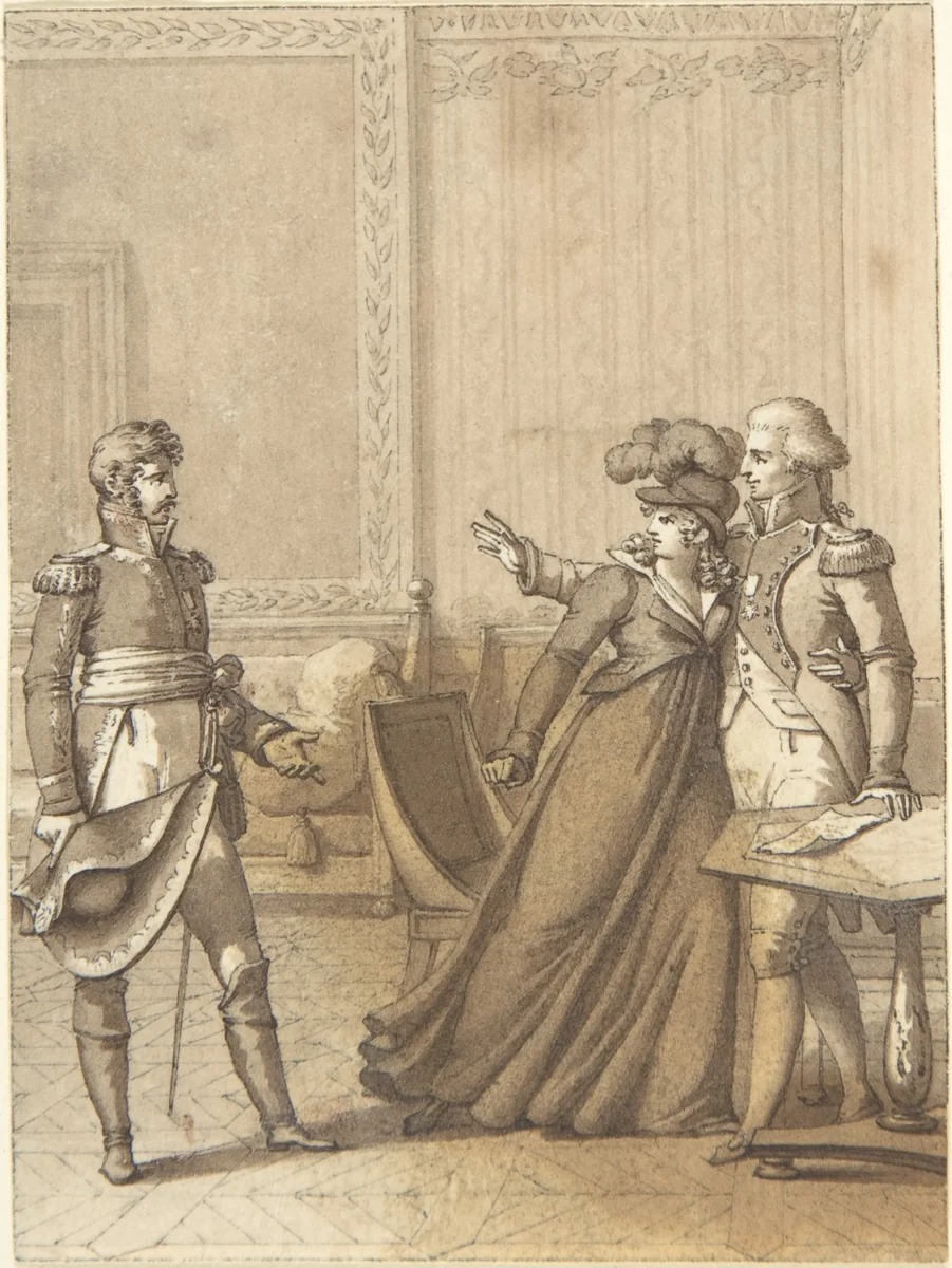Design for a Book Illustration: a Soldier Approaching a Couple by anonymous, drawing, 1800-1900