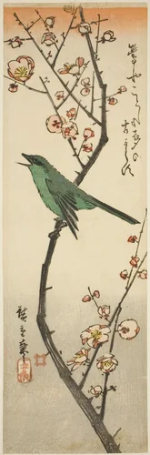 Bush warbler and plum by Utagawa Hiroshige (歌川広重), print, 1840-1849