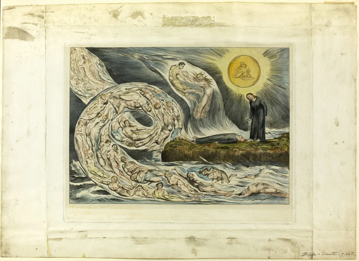 The Circle of the Lustful: Paolo and Francesca. Inferno, canto V by William Blake, print, 1827