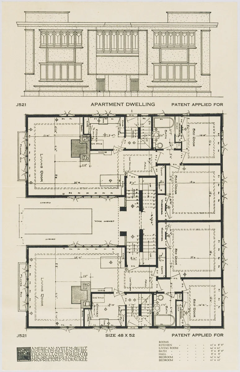 American System-Built Houses for The Richards Company, project, Milwaukee, Wisconsin, Apartment Dwelling Plan and Elevation by Frank Lloyd Wright, architecture, 1915