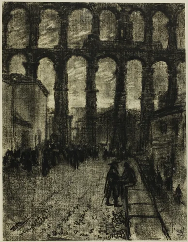 Segovia, The Aqueduct from Market by Joseph Pennell, drawing, 1898-1908