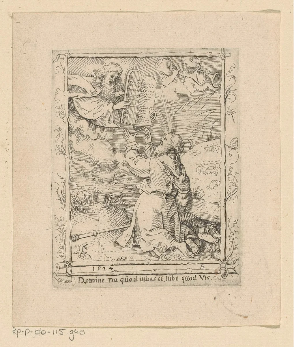 Mozes ontvangt de tien geboden by anonymous, print, 1524