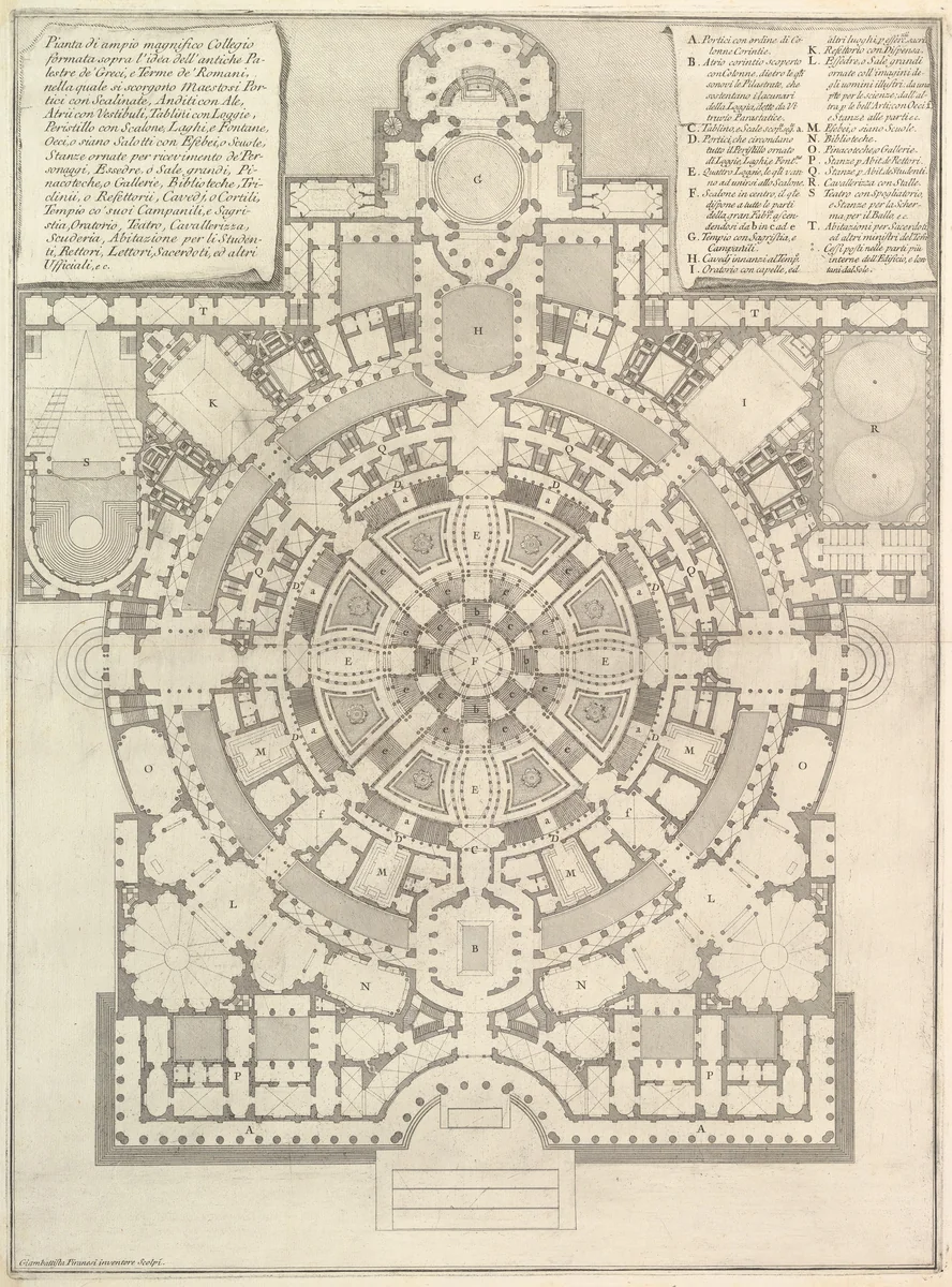 Plan of a spacious and magnificent College designed after the ancient gymnasia of the Greeks and the baths of the Romans..., from "Opere Varie di Architettura, prospettive, grotteschi, antichità; inventate, ed incise da Giambattista Piranesi Architetto Veneziano" (Various Works of Architecture, perspectives, grotesques and antiquities; designed and etched by Giambattista Piranesi, Venetian Architect) by Giovanni Battista Piranesi, print, 1750