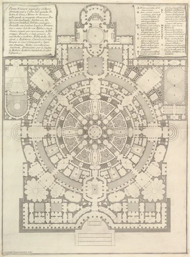 Plan of a spacious and magnificent College designed after the ancient gymnasia of the Greeks and the baths of the Romans..., from "Opere Varie di Architettura, prospettive, grotteschi, antichità; inventate, ed incise da Giambattista Piranesi Architetto Veneziano" (Various Works of Architecture, perspectives, grotesques and antiquities; designed and etched by Giambattista Piranesi, Venetian Architect) by Giovanni Battista Piranesi, print, 1750