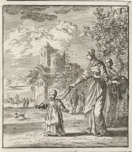Moeder leert kind aan een leiband lopen by Jan Luyken, print, 1712
