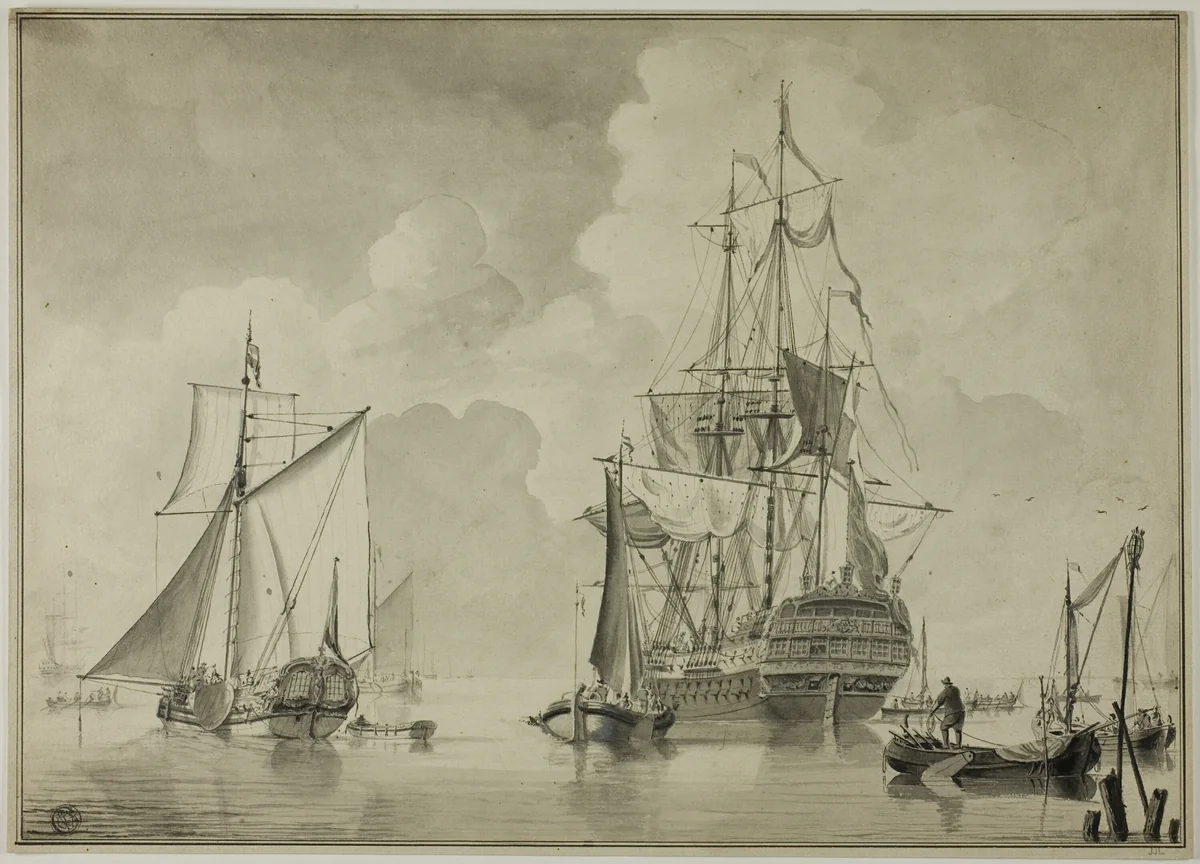 Warships and Other Boats in Harbor by Unknown Artist, drawing, 1780-1790