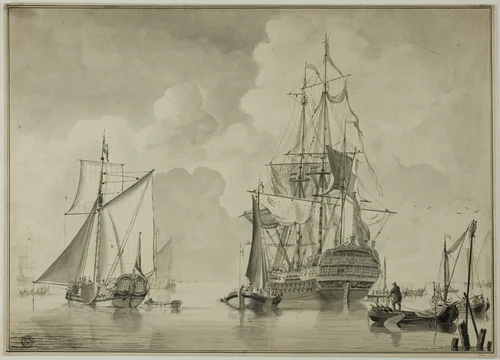 Warships and Other Boats in Harbor by Unknown Artist, drawing, 1780-1790