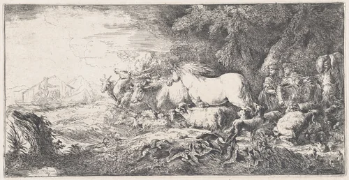 Noah and the animals entering the ark by Giovanni Benedetto Castiglione, print, 1645-1655