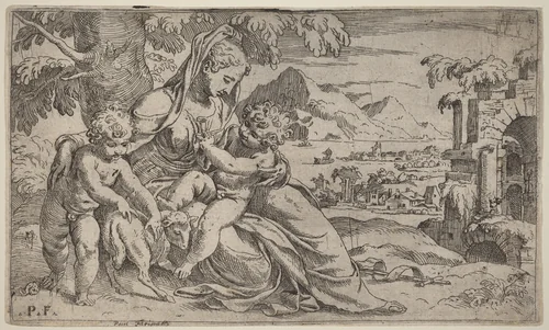 Madonna and Child with John the Baptist by Orazio Farinati; Paolo Farinati, print, 1590-1600
