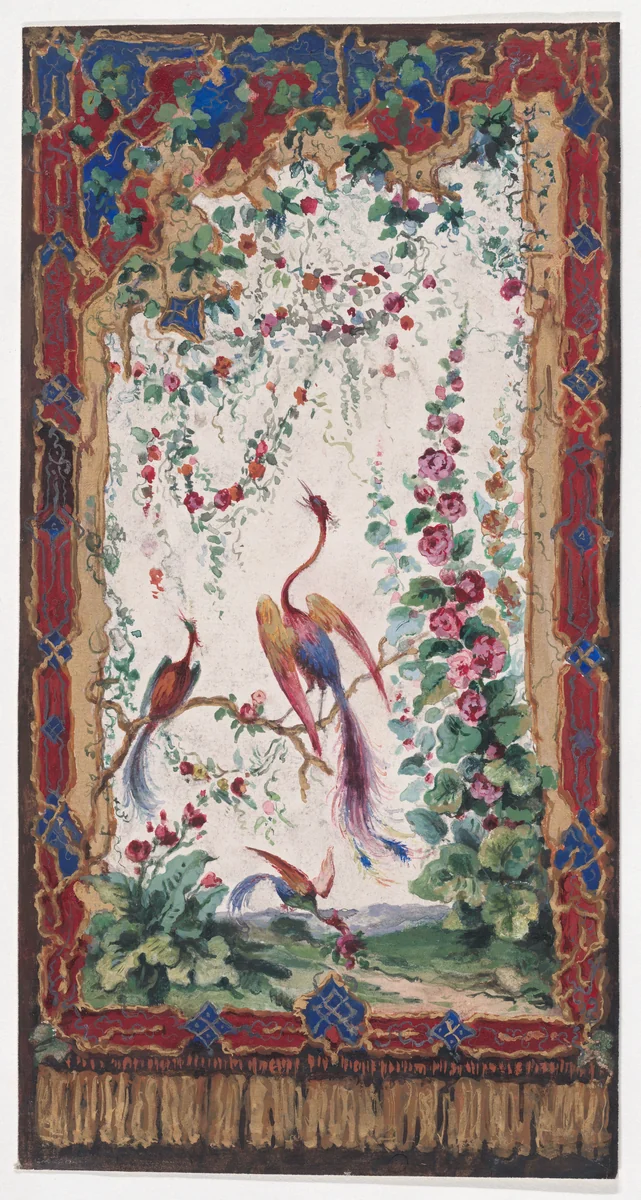 Design for Wallpaper or Panel (?) with an Orientalist Motif with Three Phoenix-Like Exotic Birds with Colorful Feathers and a Flowering Tree within an Ornamental Frame with Tassels Resembling a Tapestry by anonymous, drawing, 1870-1900