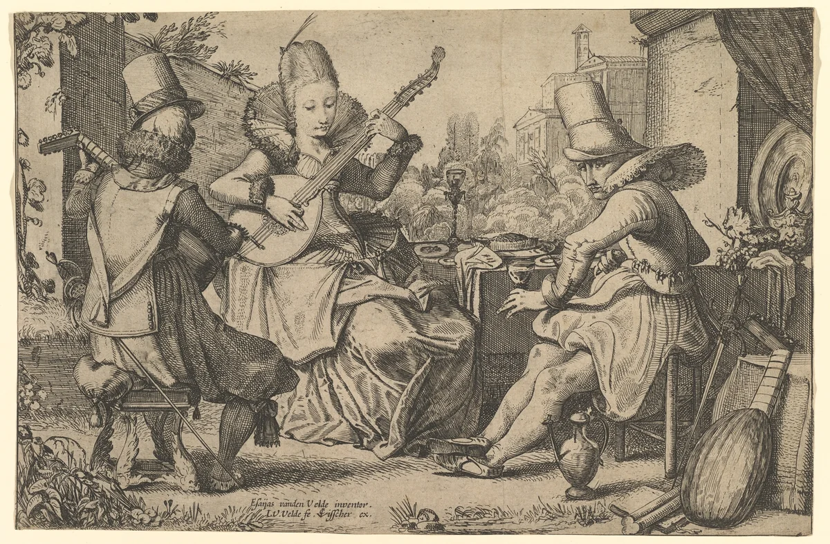 Two Elegantly Dressed Men and a Woman in a Garden by Jan van de Velde, print, 1613-1641