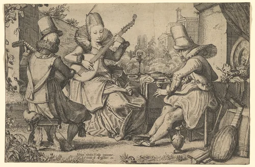 Two Elegantly Dressed Men and a Woman in a Garden by Jan van de Velde, print, 1613-1641