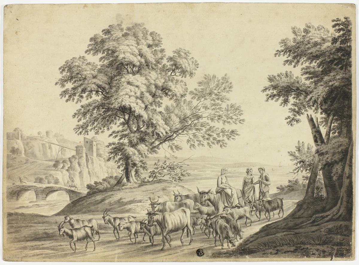 Italianate Landscape with Man and Two Women Herding Cattle, Goats and Sheep by Unknown Artist, drawing, 1700-1799