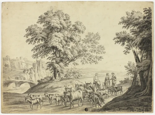 Italianate Landscape with Man and Two Women Herding Cattle, Goats and Sheep by Unknown Artist, drawing, 1700-1799