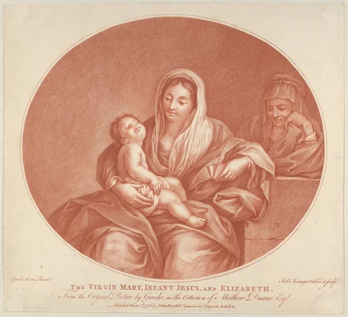 The Virgin seated with the infant Christ sleeping in her lap, Saint Elizabeth at right, an oval composition, after Reni by Robert Menageot, print, 1776