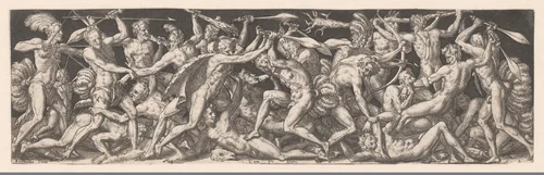Gevecht tussen naakte mannen, waarvan sommigen versierd met veren by Unknown, print, 1528-1583