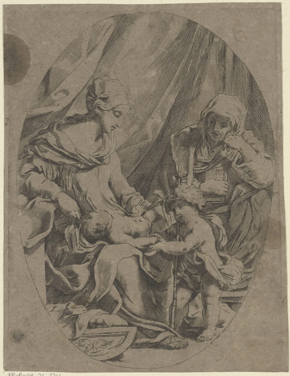 Maria met het Christuskind, de jonge Johannes de Doper en Elisabet by anonymous, print, 1622-1691