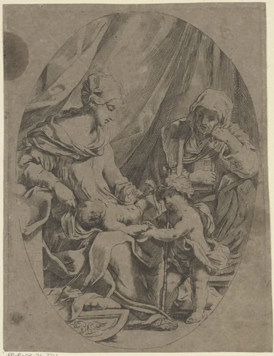 Maria met het Christuskind, de jonge Johannes de Doper en Elisabet by anonymous, print, 1622-1691