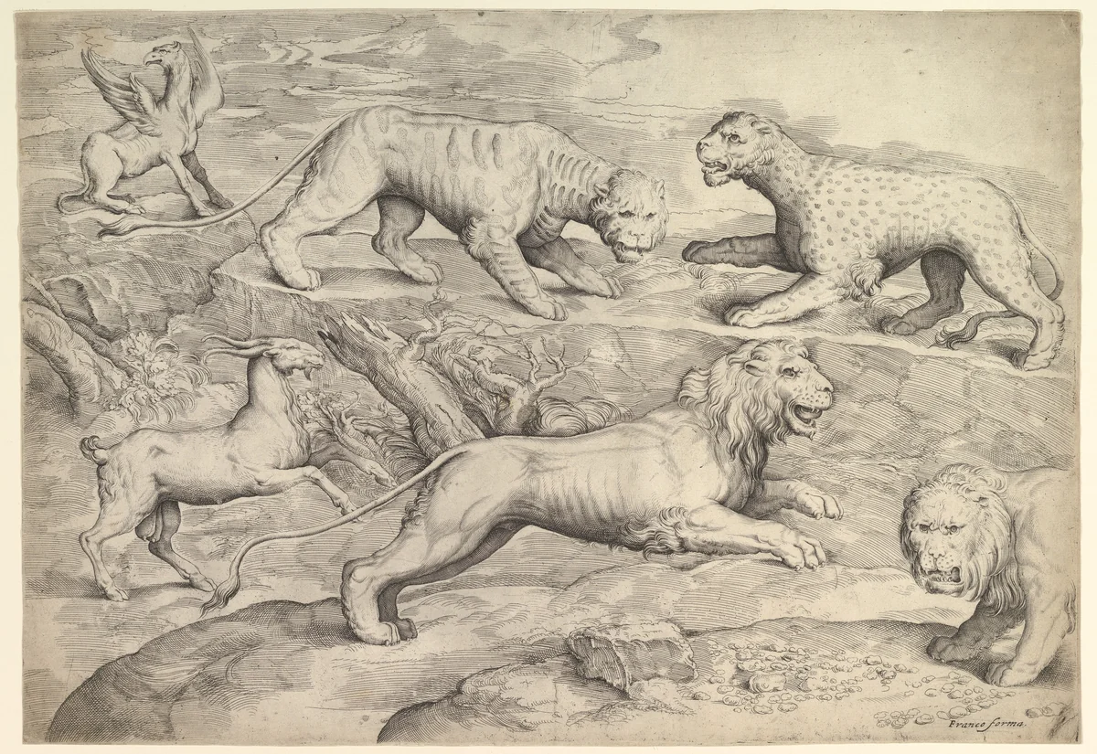 Six Animals, including lions, a tiger, a leopard, a griffin, and a goat by Battista Franco, print, 1525-1566