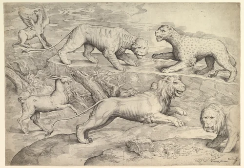 Six Animals, including lions, a tiger, a leopard, a griffin, and a goat by Battista Franco, print, 1525-1566