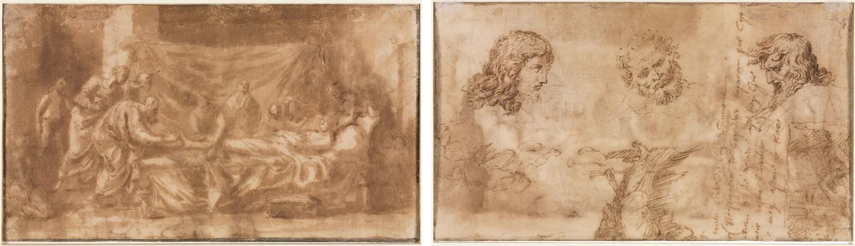 Extreme Unction (recto); Three Heads and Other Sketches (verso) by Nicolas Poussin, drawing, 1643-1644