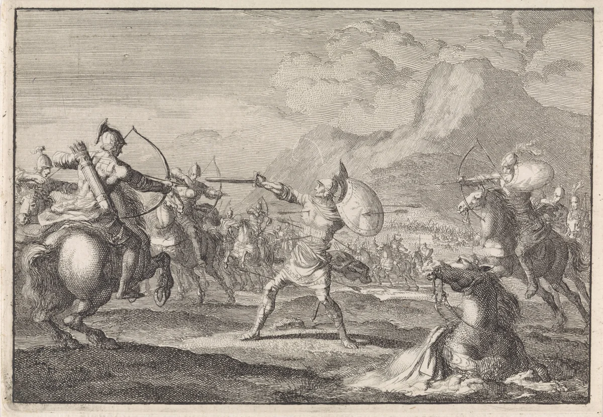 Demetrius Seleucus verdedigt zich tegen schietende ruiters by Jan Luyken, print, 1704
