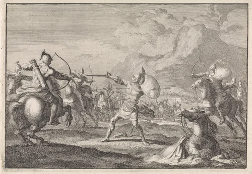 Demetrius Seleucus verdedigt zich tegen schietende ruiters by Jan Luyken, print, 1704