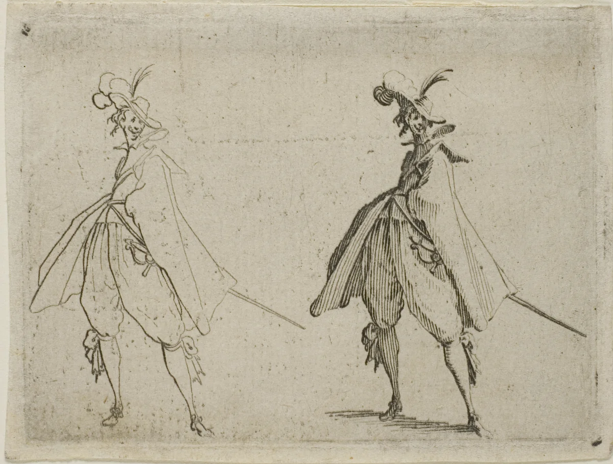 Gentleman in a Large Cape, Seen from the Front, from The Caprices by Jacques Callot, print, 1612-1622