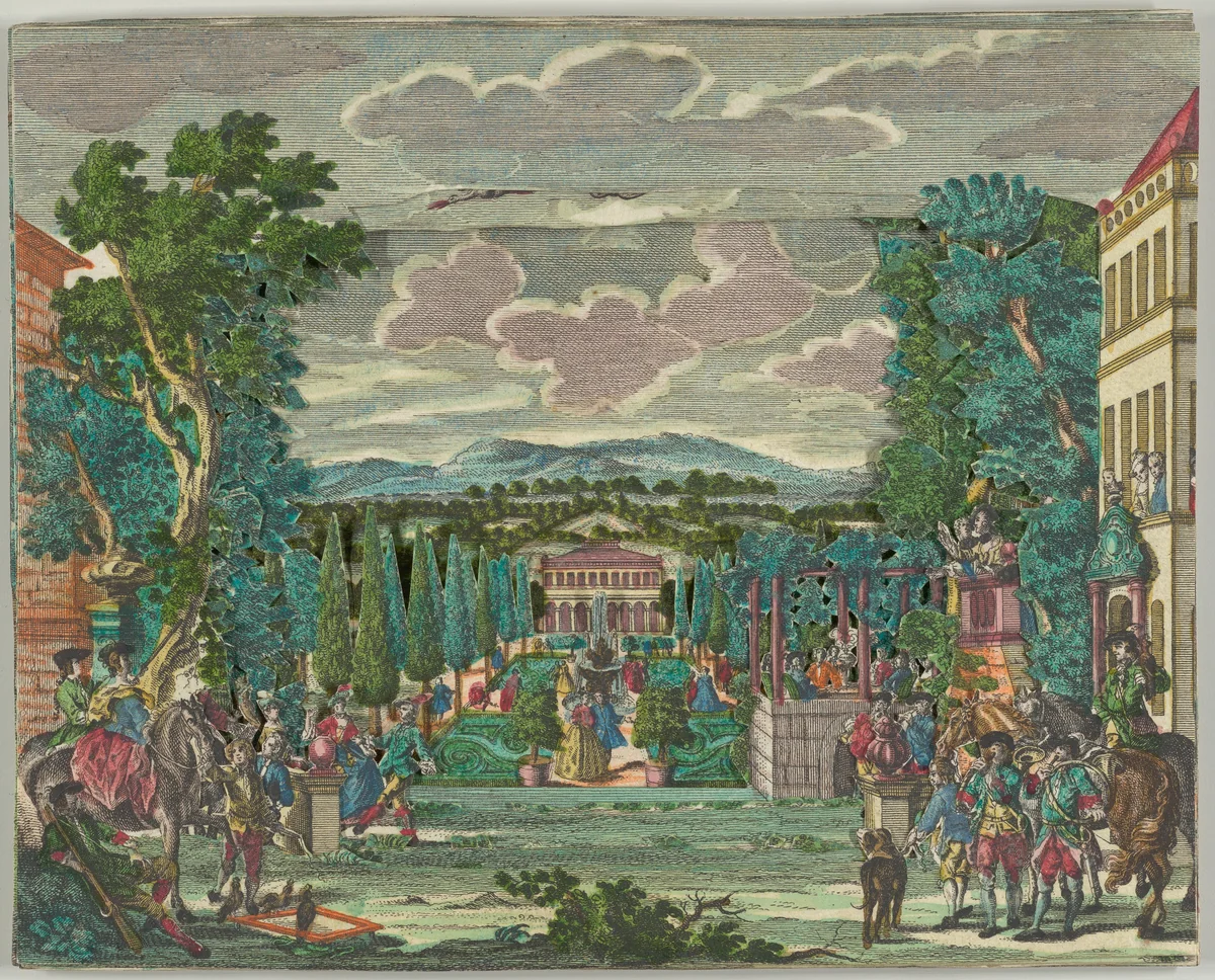 Paper Theater or Diorama of an Italianate Villa and Garden by Martin Engelbrecht, print, 1725-1735