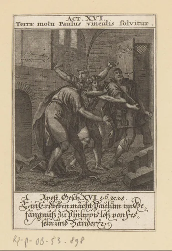 Apostel Paulus door een aardbeving uit de ketenen bevrijd by anonymous, print, 1697