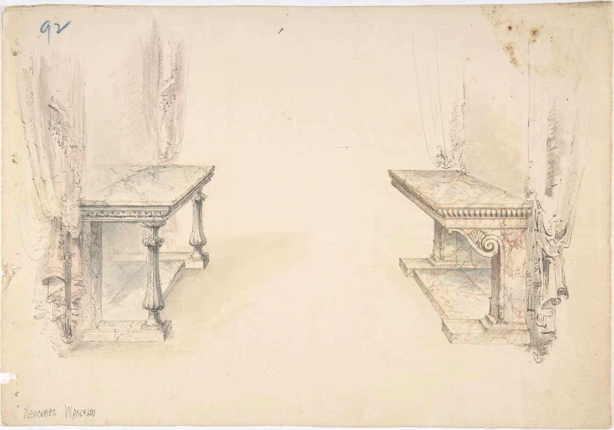 Designs for Two Marble Pier Tables with Draperies by anonymous, drawing, 1815-1840