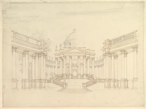 Design for Stage Set: Centralized Villa with Cupola ("Villa rotunda" Style) and Colonnaded Wings by Giuseppe Galli Bibiena, drawing, 1696-1756