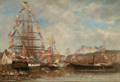 Festival in the Harbor of Honfleur by Eugène Boudin, painting, 1858