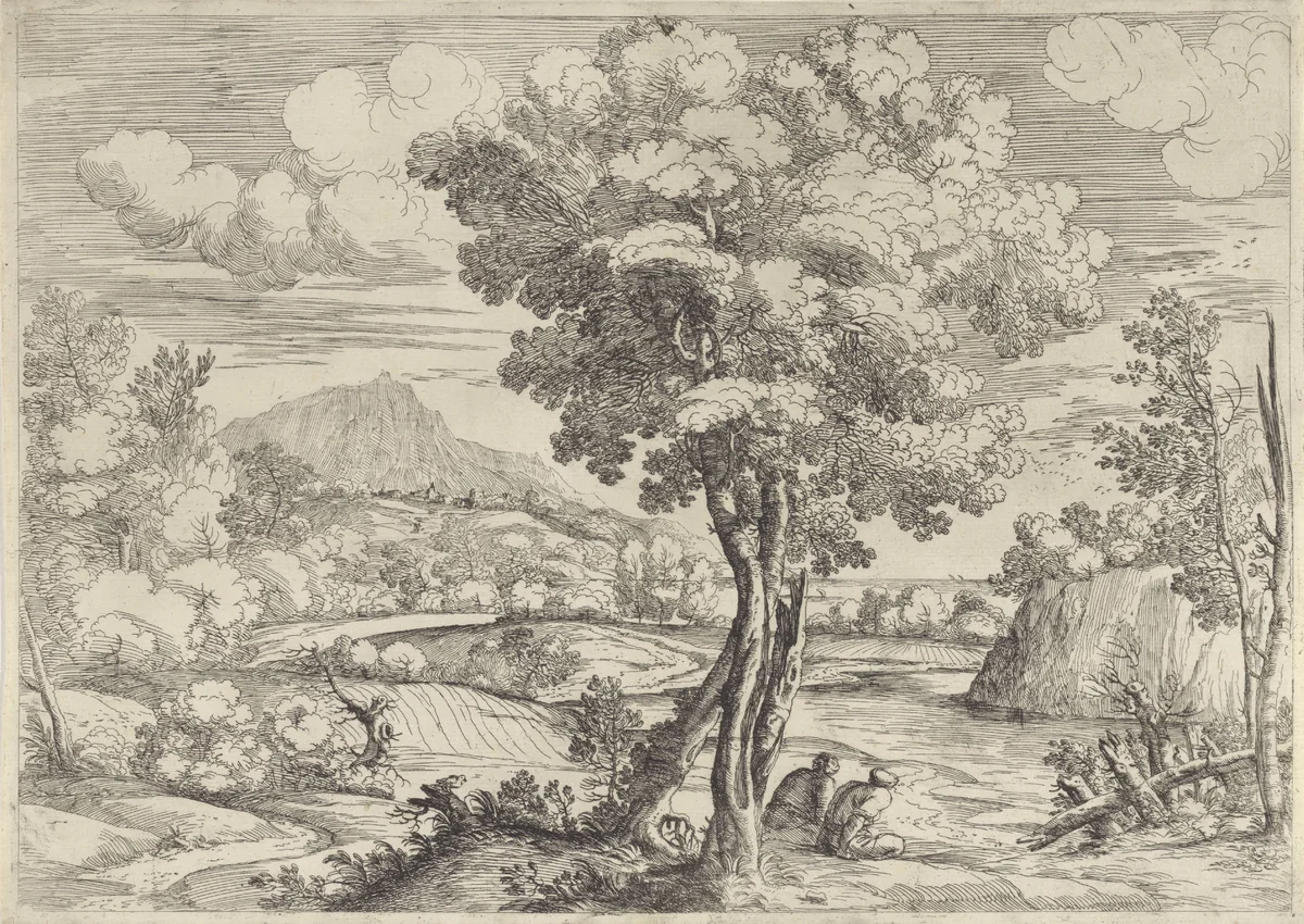 Landschap met vogel op boomstronk by Giovanni Francesco Grimaldi, print, 1616-1680