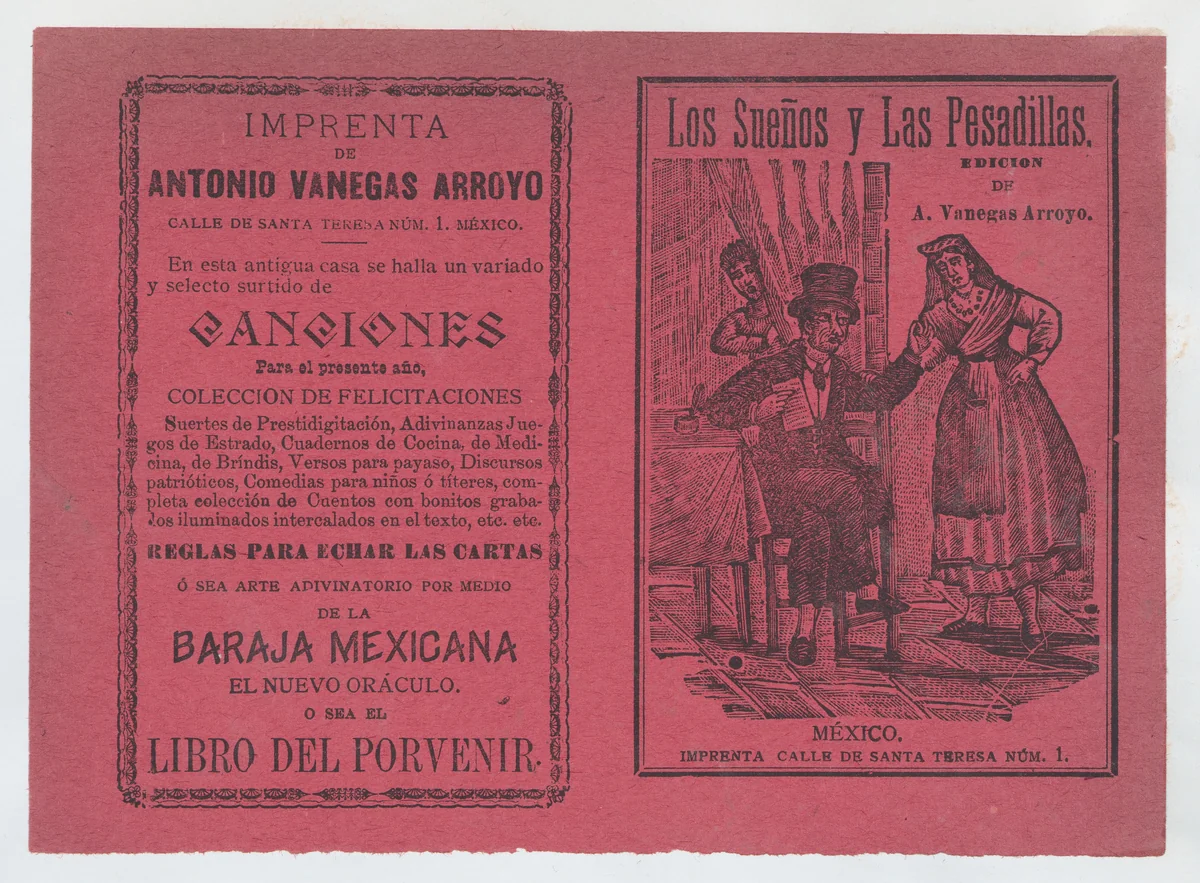 Cover for 'Los Sueños y Las Pesadillas', a man and woman arguing while another figure peers out from behind a curtain by José Guadalupe Posada, print, 1875-1915