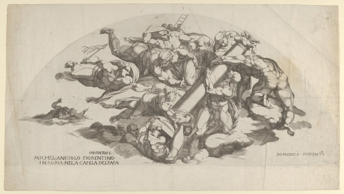 Group from the Last Judgment, Angels Carrying the Column of the Flagellation and the Sponge and Ladder of the Crucifixion by Domenico del Barbiere, print, 1500-1565