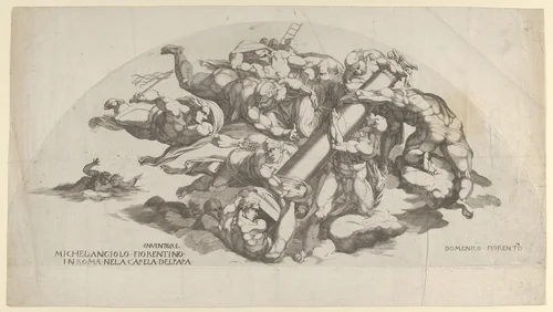 Group from the Last Judgment, Angels Carrying the Column of the Flagellation and the Sponge and Ladder of the Crucifixion by Domenico del Barbiere, print, 1500-1565